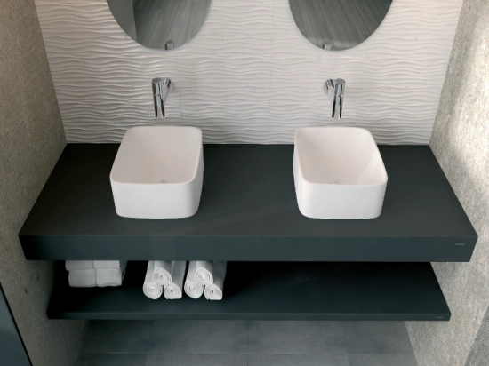 Plan de toilette suspendu, pour vasque à poser, L 50 à 201 x P 30 à 51 cm, finition lisse mate, 10 couleurs au choix, Anti bactérien, résine Akrytan®, Livraison Offerte.